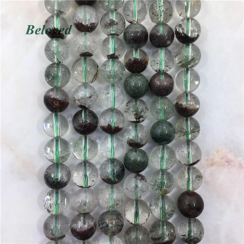 Boho Polished Round Green Moss Phantom Crystal Loose Beads, 15.5