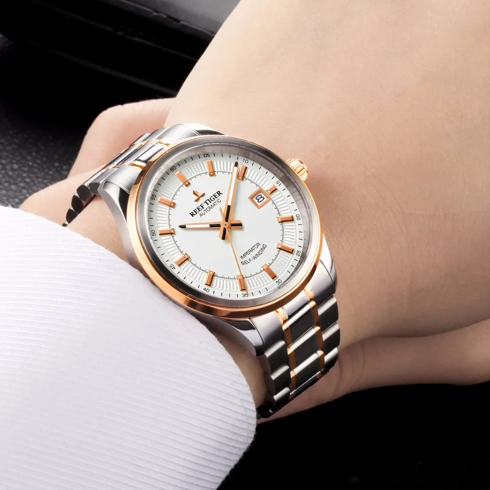 Reef Tiger/RT Watches Steel/Rose Gold Two Tone Business Dress Watch For Men Miyota 9015 Super Luminous Automatic Watches RGA8015