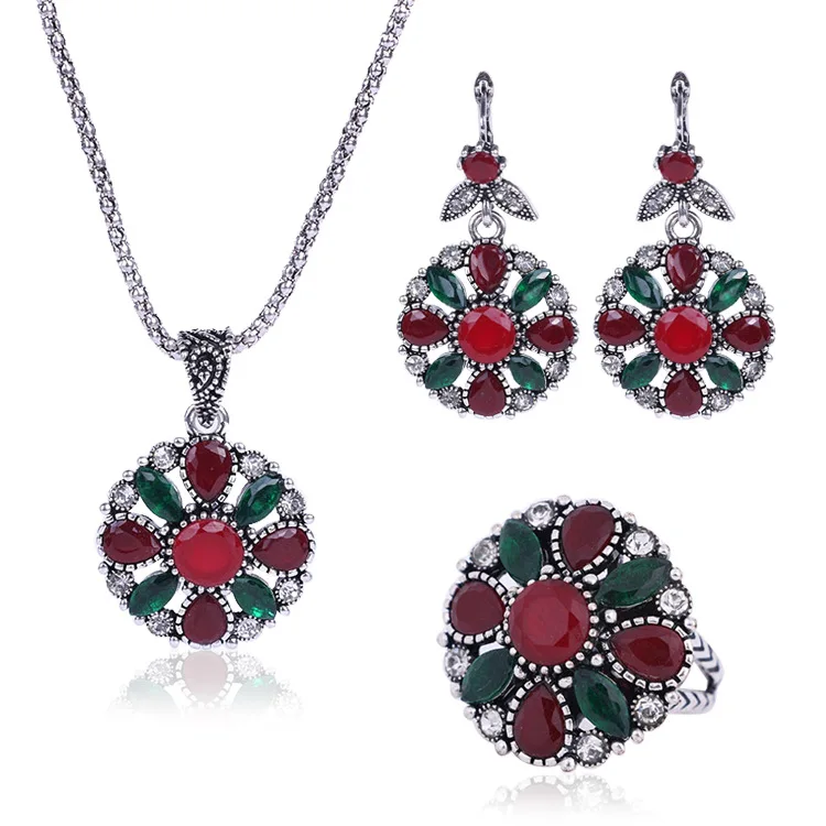 New Vintage Necklace Set Fashion Ring Earrings For Women India Jewelery Sets Red Beads Costume Jewelry Silver-Color