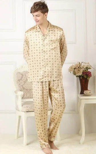 100%, silk silk pajamas set, men's silk home wear, long sleeve trousers, gold printing big size, loose burst 2