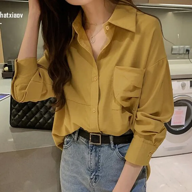 Spring Shirt Clothes Plus Size Loose Long Sleeve Women's Blouse Pure Color with Pocket Turn Down Collar Girl Bottoming Top H9134