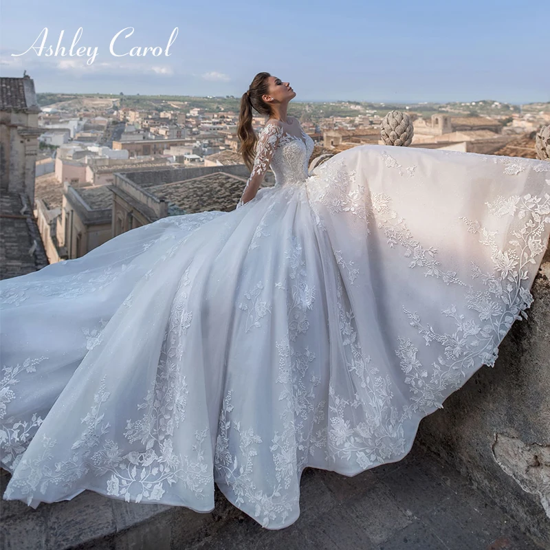 Ashley Carol-Robes de mariée élégantes pour femmes, appliques perlées, à lacets, robe de princesse sexy à col en V, 2023