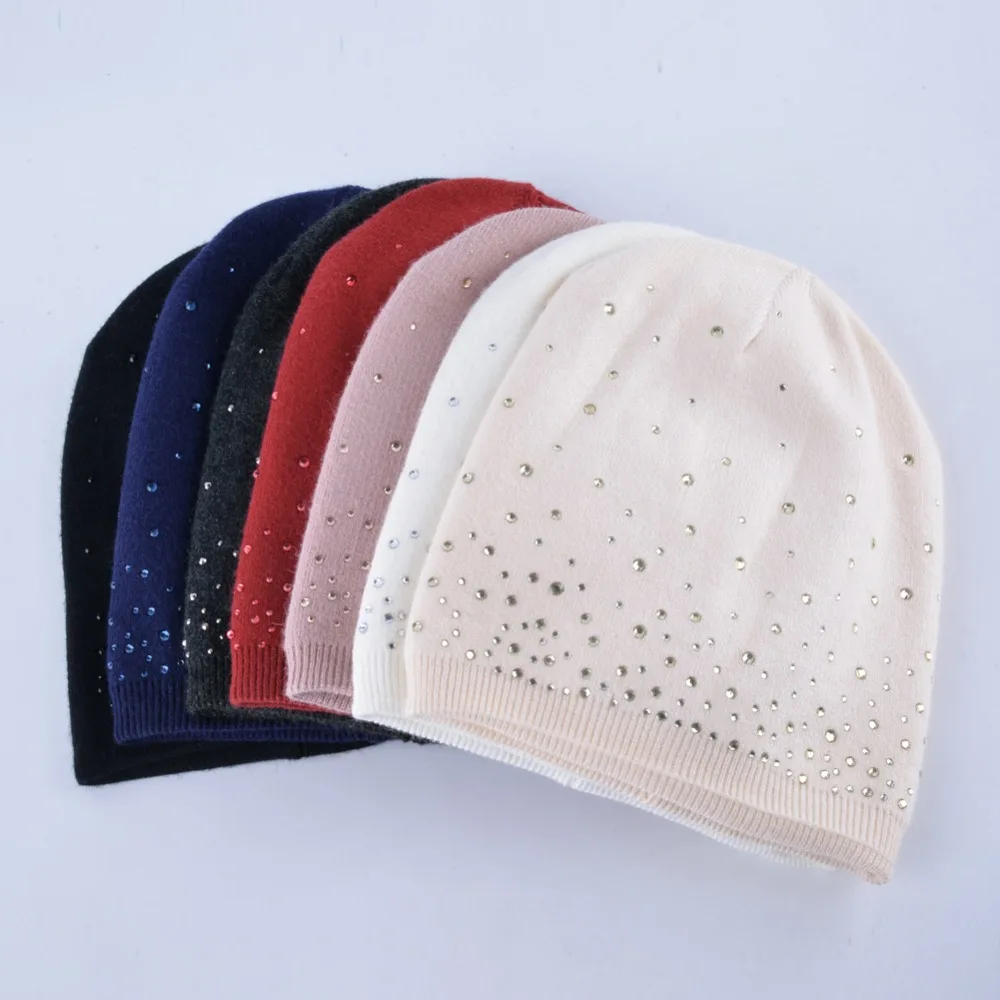 2018 Women\'s Fashion Rhinestone Beanies Hat Solid Knitted Skullies Bonnet Caps Ladies Winter Knitting Rabbit Wool Hat Female cap