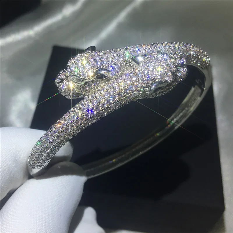 

Handmade Leopard Shape Bangle Pave setting 380pcs 5A cubic zirconia Silver color bracelet bangles for women wedding accessaries