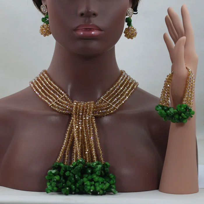 Free Shipping Nigerian Gold/Green Bead Wedding Jewelry Set Lovely Bridal Bridal Jewelry Sets African Beads Jewelry Set ABL952