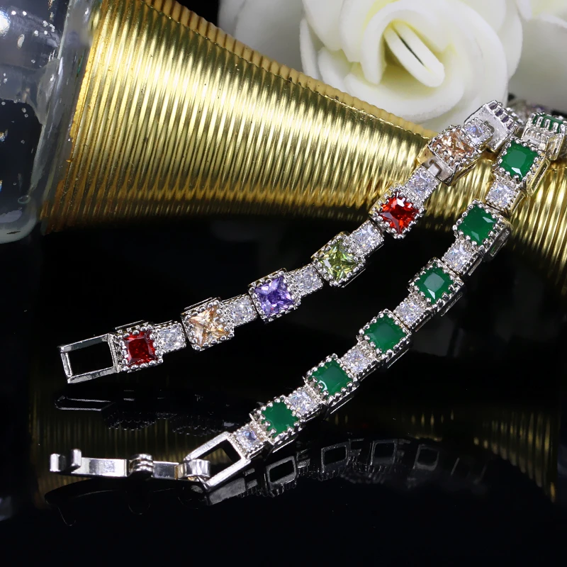 BeaQueen Newest Green Purple Red Champagne Multicolor Square Cubic Zircon Crystal Tennis Bracelet for Ladies Jewelry Gift B106