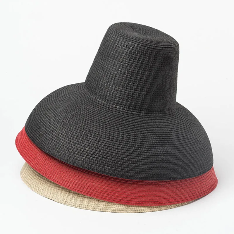 Sombrero de sol con lámpara flexible para mujer, sombrilla de ala ancha roja, negra y Beige, sombrero de playa de verano, gorra de paja plegable de