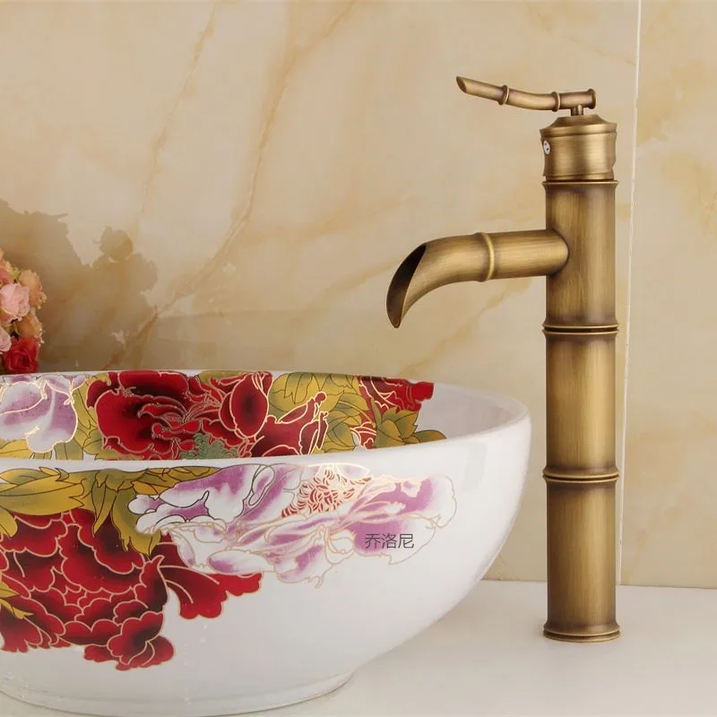 

Bamboo curved water nozzle hot and cold water basin faucet basin bathroom washbasin faucet antique above counter basin faucet