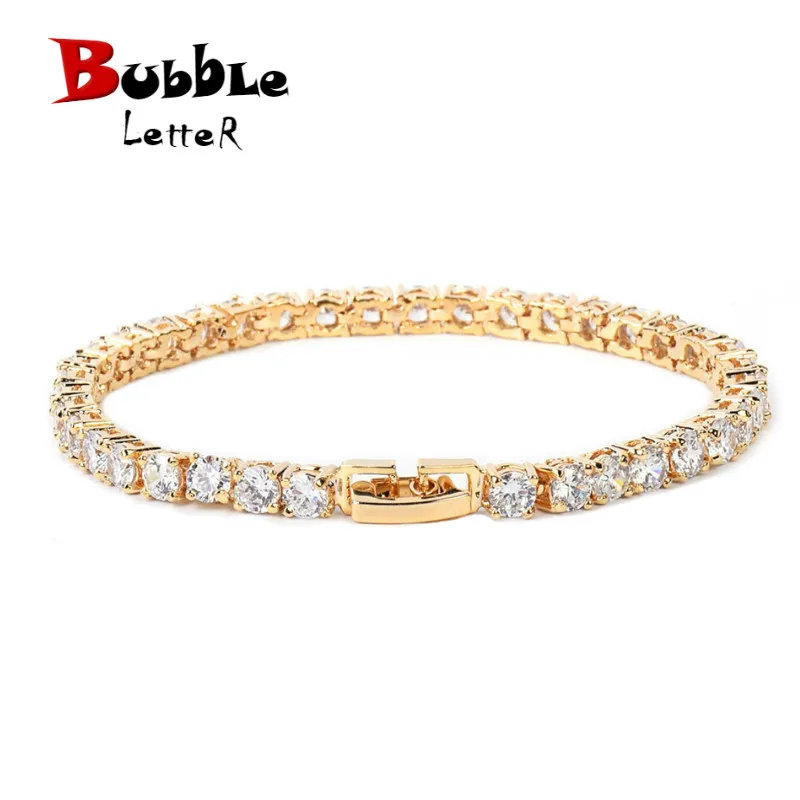 Bubble Letter Iced Zircon Tennis Chain Bracelet Men\'s Hip hop Jewelry Copper Material Gold Color Box Clasp CZ Bracelet Link