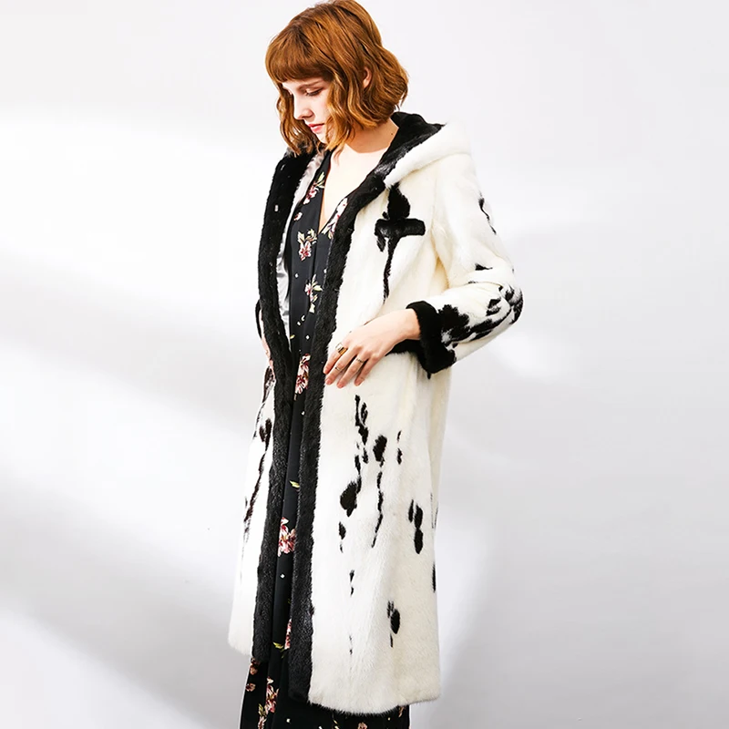 Futro z norek importowanych z Chin, zimowe, damskie, z aksamitu i futra norek, z kołnierzem wykładanym, patchworkowe, w kropki, bardzo długie, prawdziwe futro z norek.