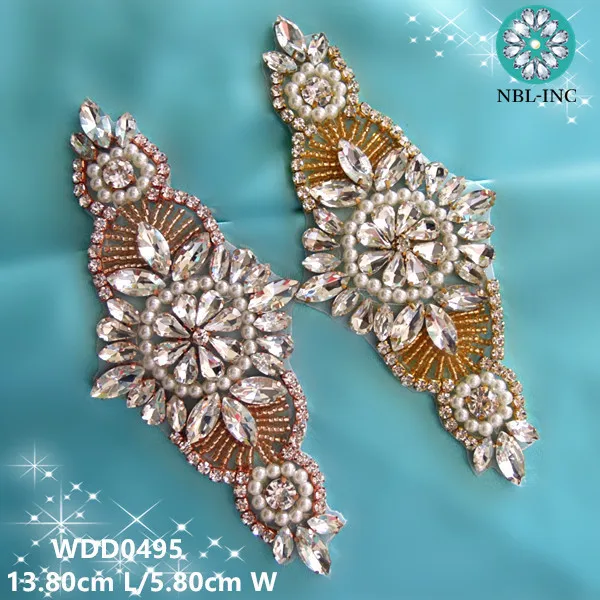 

(30PCS)Wholesale hand beaded sewing bridal rose gold crystal rhinestone applique iron on for wedding dresses DIY sash WDD0495