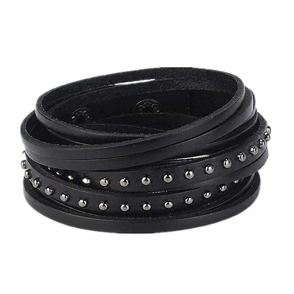 Vintage Punk Rivet Leather Bracelets Women Men Rock Black Fashion 2 Rounds Snap Button Bracelet Jewelry Pulseras Mujer