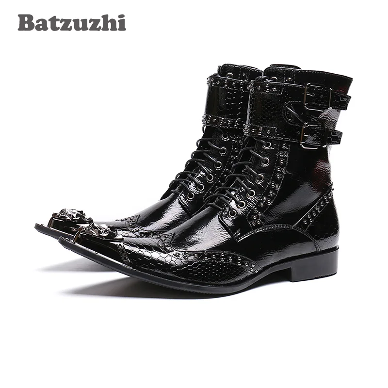 Batzuzhi Western Boots Men Pointed Metal Tip Rock Black Motorcycle Boots Men Botas Hombre Buckles zapatos de hombre,46