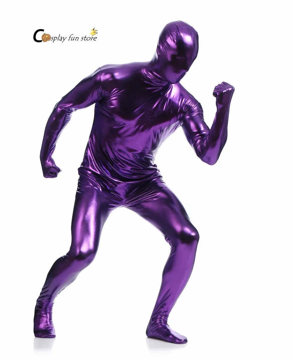 Free shipping bodysuit metallic Shiny Purple Mens Unitard Catsuits Metallic Footed Zipper Zentai Bodysuit can be Customized