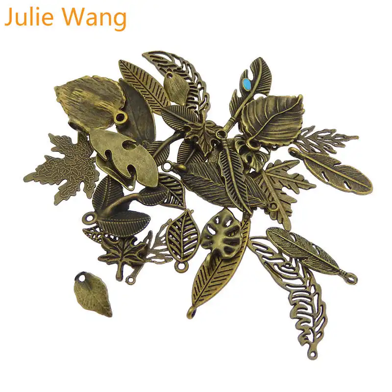 Julie Wang 10PCS Randomly Mix Vintage Leaves Charms Alloy Antique Bronze Leaf Bracelet Jewelry Making Pendant Accessory