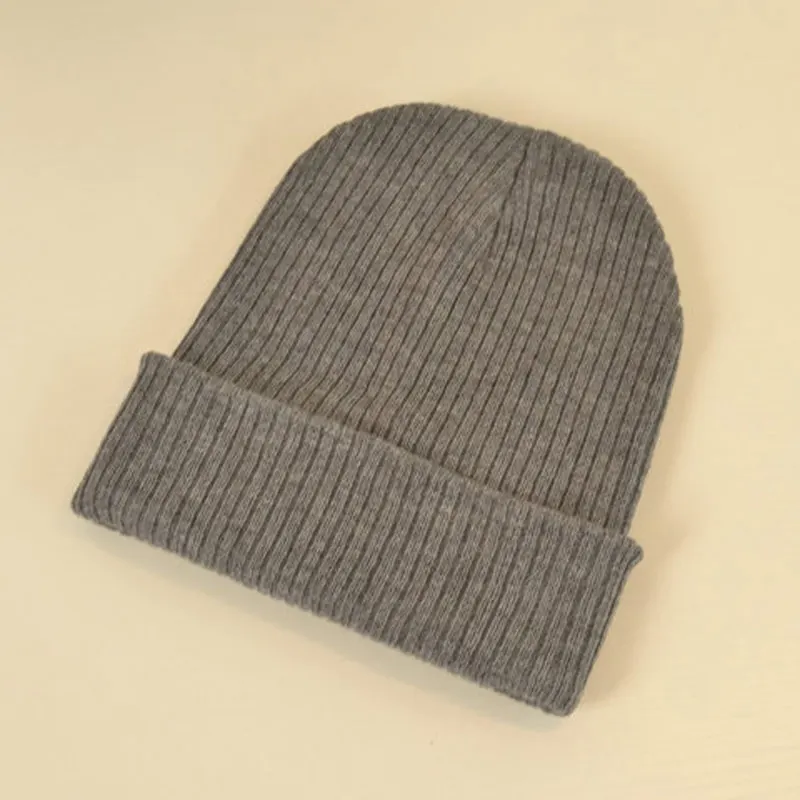 Autumn Winter Men Women\'s Hats Solid Striped Cuff Beanie 100% Acrylic Soft Stretchy Knit Skull Cap Black Grey Blue Dark Green