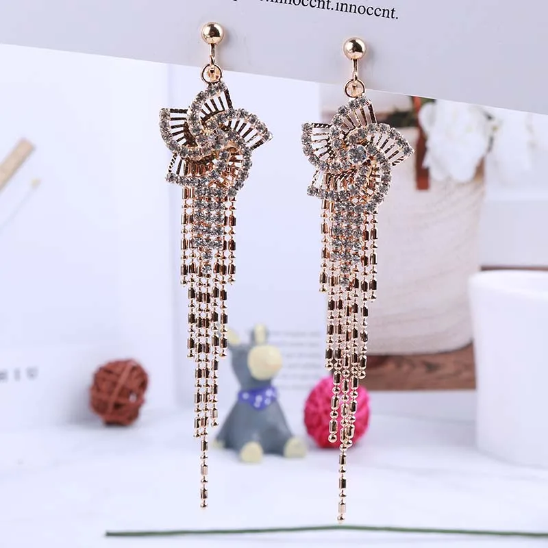 Gold Silver Hollow Flower Fringe Clip On Earrings No Pierced Rhinestone Dangle For Female Wedding Party Star Ear Clips Jewelry