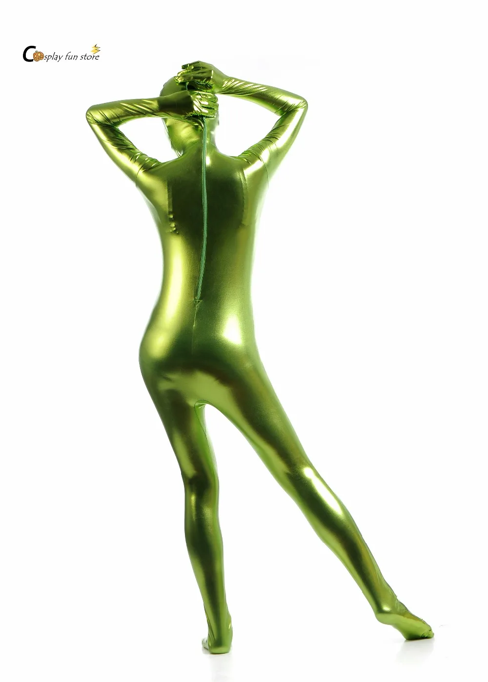 Kostenloser Versand Bodysuit Metallic Zentai Anzug glänzend Gras grün Frauen Unitard Cat suits Metallic Fuß Reiß verschluss Zentai Bodysuit