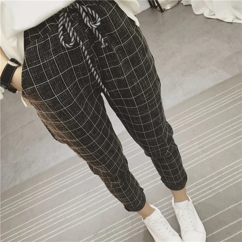 Spodnie dla kobiet 2020 nowy letni dorywczo luźne szarawary Cotton Linen Plaid Capris siatka wiosna literackie spodnie Sarouel Femme