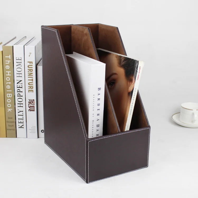 

Wood Leather Desk File Book Box, Magazine Holder, Document Filing Organizer, 2 Slot, Brown, 221B