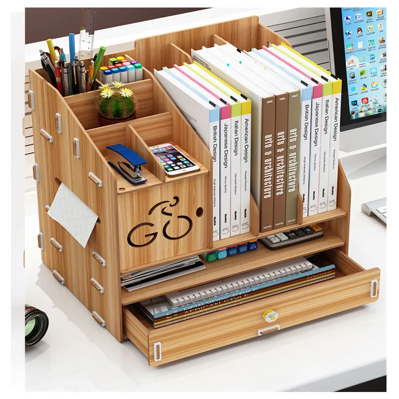 Coloffice Creative1PC Large capacity wooden Bookends Multifunctional Office desktop storage box Data rack school office organize