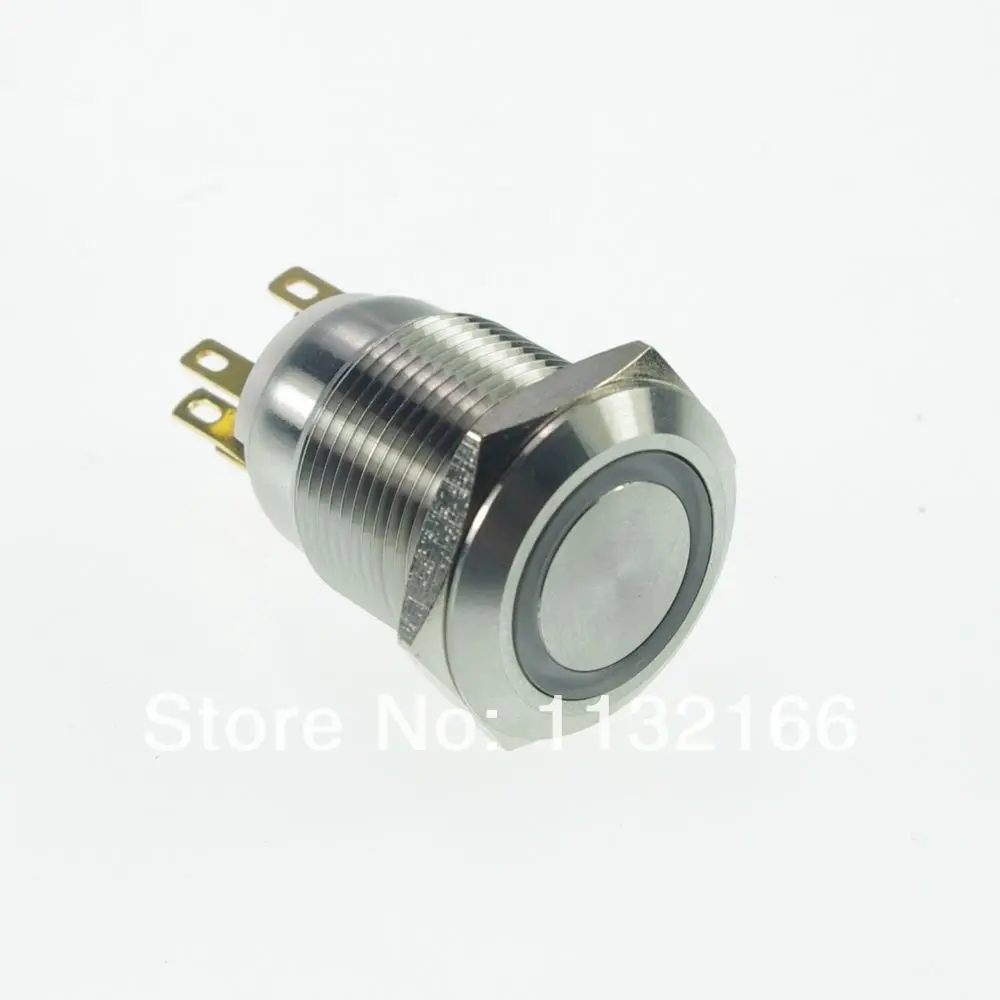 19mm LED Color Yellow Stainless Steel Ring illuminated Maintained/Latching Push Button Switch 1NO 1NC Pin Terminal Waterproof