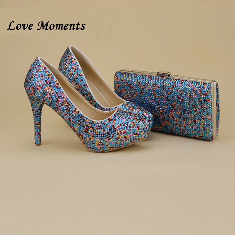 Llove moments NEW muilti color rhinestone wedding shoes SETS high heels woman platform shoes women\'s party shoes and purse