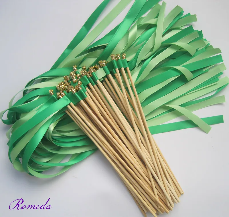 50pcs/lot  green and light green wedding wands with gold bell  ribbon Twirling Streamers, ribbon wish wands