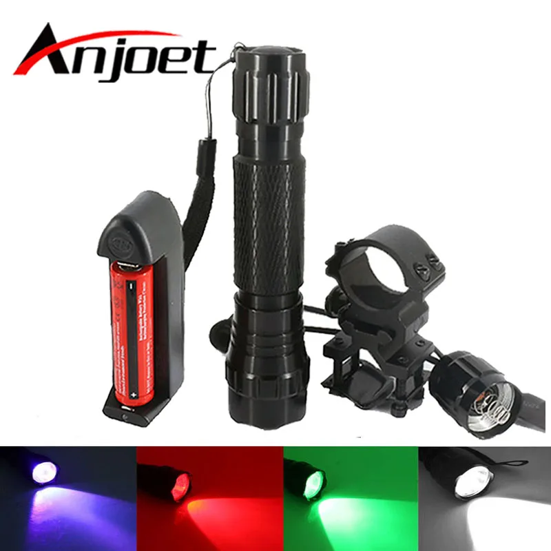 

Anjoet Hunting LED Flashlight Green/white/red/UV Light Lighting Tactical Lantern+ Remote Pressure Switch+ Gun Mount 18650