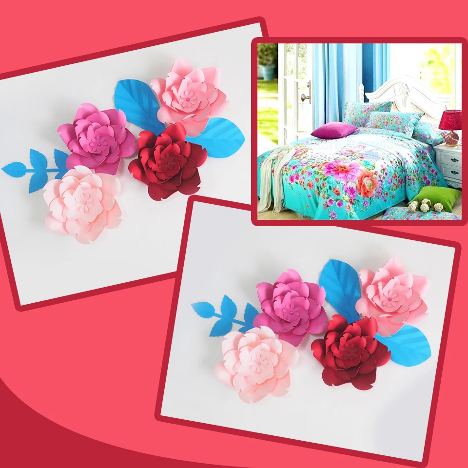 DIY Giant Paper Flowers Artificial Rose Fleurs Artificielles Backdrop 4pcs+ 3 Leave Wedding Party Decor Nursery Pink Rose Red