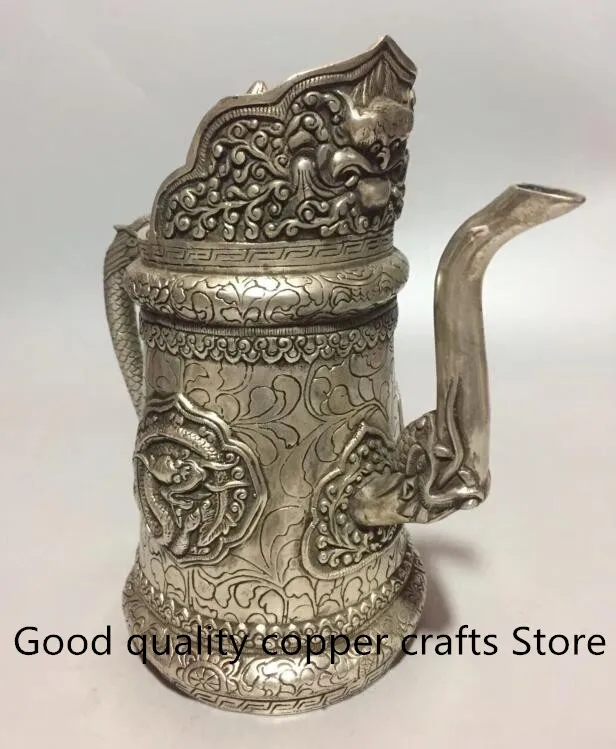 Collectible archaize white copper carving Dragon grain teapot