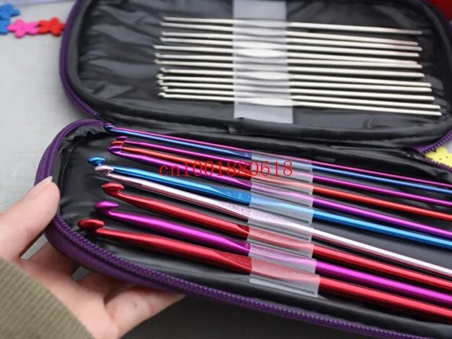 Free Shipping 2015 Newest 22Pcs Multicolour Aluminum Crochet Hook Knitting Kit Needles Set Weave Craft Yarn Stitches,50sets/lot