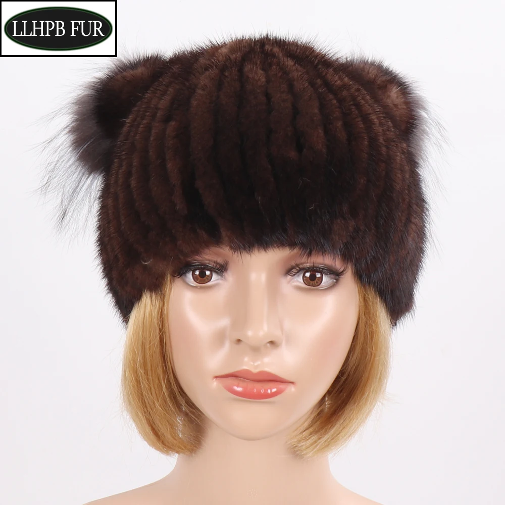 

2024 New Russian Women Knitted Genuine Fur Hats Ladies Winter Warm Real Mink Fur Hat Luxury Lovely Girl Natural Mink Fox Fur Cap