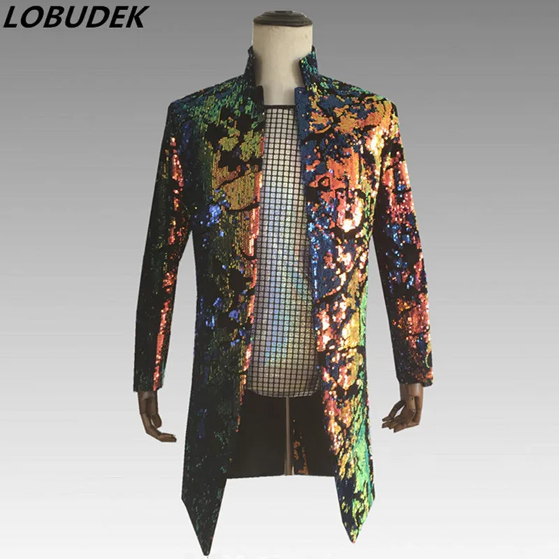 

Shining Reflective Sequins Jackets Sequinned Long Coat Tide Male Singer Nightclub Punk Costume Dancer Host Performance Clothing