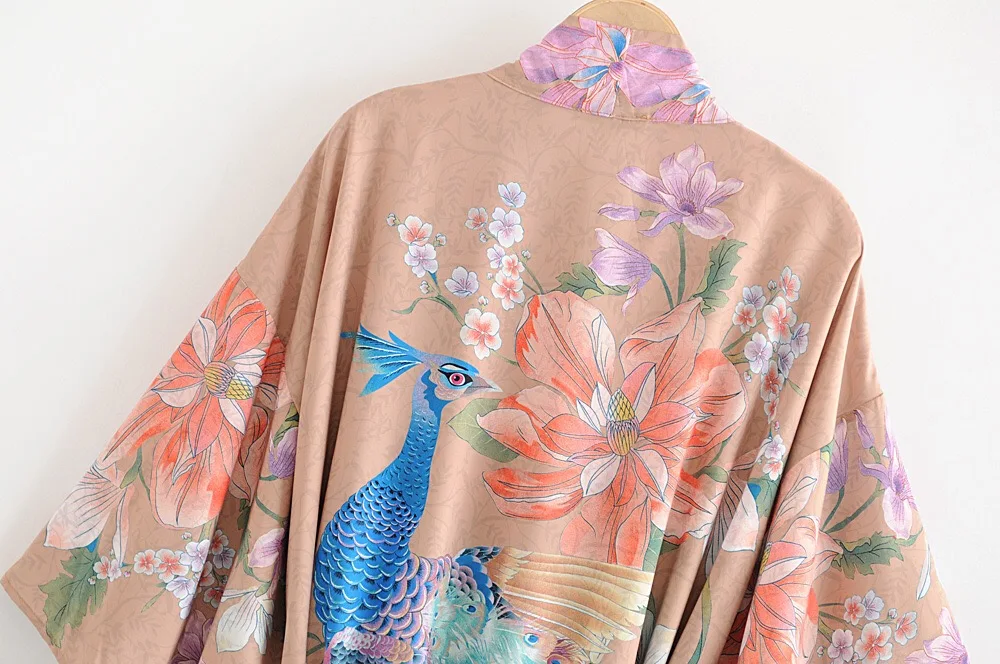 Bohemian V neck Peacock Flower Print Long Kimono Shirt Khaki Holiday New Lacing up Sashes Long Cardigan Loose Blouse Tops