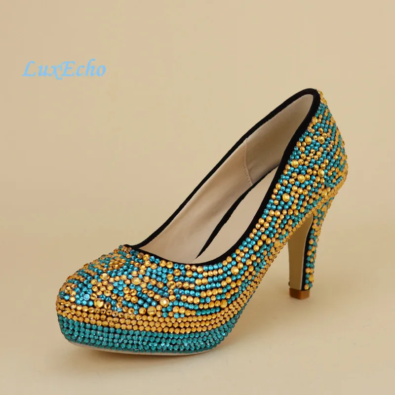 Blue and Gold Rhinestone wedding shoes and purse Sets high heel platform shoes women\'s Pumps Bride Wedding party shoes and bags