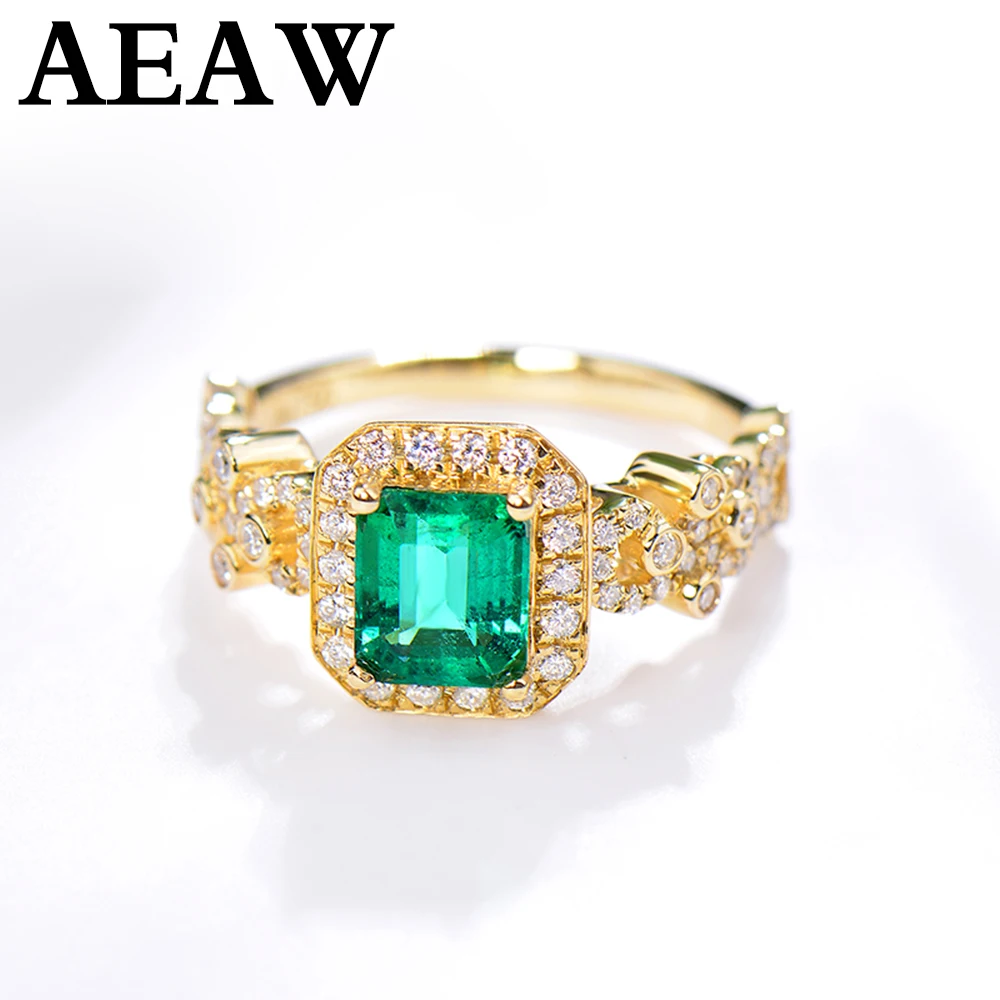 AEAW 14k Yellow Gold 0.8ct Natural Emerald sdie 0.4ct Real Diamond Engagemnet Ring for Women New Design