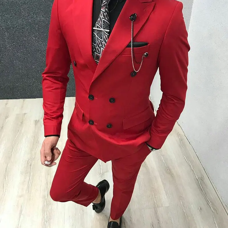 

Latest Designs Red Men Suits Pants Peaked Lapel Groom Wedding Tuxedos Man Blazers Blue Costume Homme Terno Masculino 2 Piece