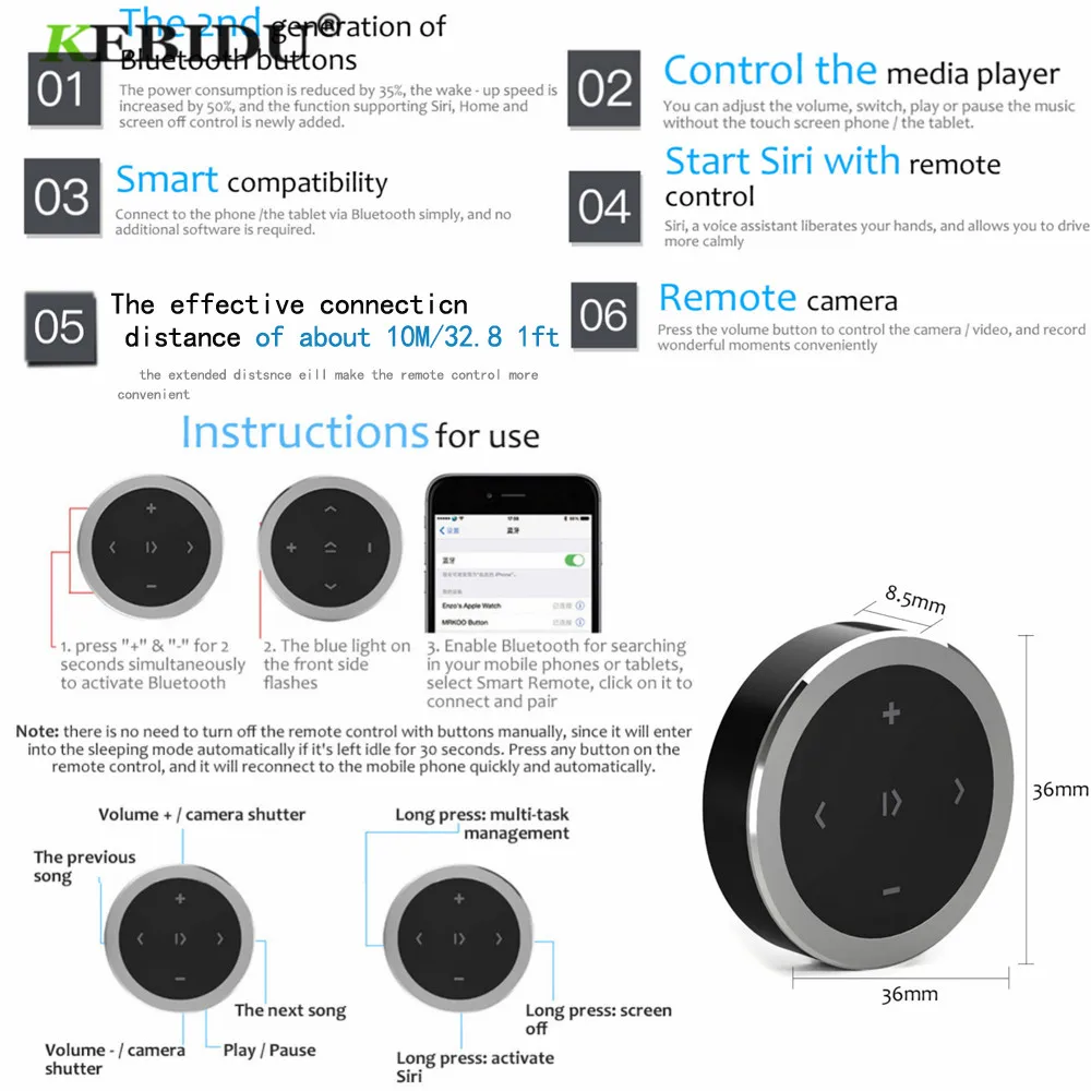 Kebidu bezprzewodowa Bluetooth mediów pilot zdalnego sterowania na kierownicy mp3 odtwarzanie muzyki dla Android IOS sterowanie smartfonem zestaw