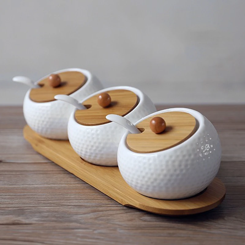 Ceramic Condiment Storage Jar Household Seasoning Pot Bamboo Tray Spice Jar Soy Sauce Box Salt Sugar Can Kitchen Organizer Tools