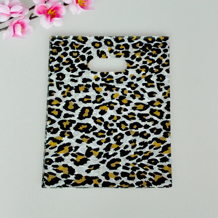 Gorąca sprzedaż 100 sztuk/partia 15x20 cm Leopard Print plastikowa torba śliczne biżuteria torba małe cukierki Charms opakowanie prezent torby z rączką