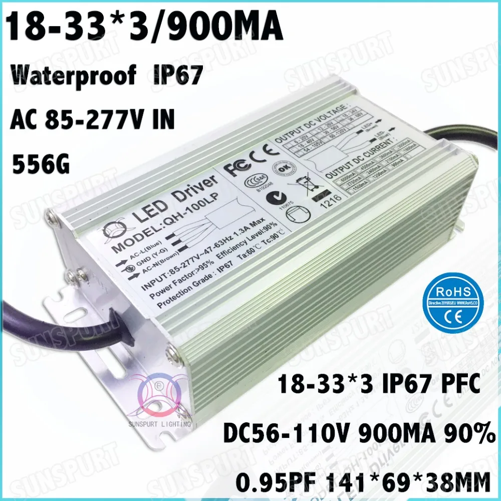 

2 Pcs High PFC IP67 100W AC85-277V LED Driver 18-30Cx3B 900mA DC56-105V Constant Current LED Power For Spotlights Free Shipping