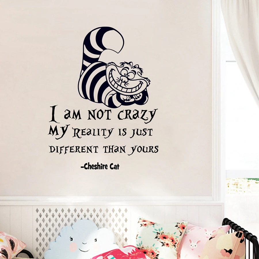 Autocollant mural Alice Adventure Wonderland, citations de chat «je suis pas fou», décalcomanies en vinyle, décoration artistique murale pour salle