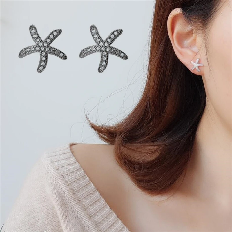 Starfish Cute Mini Sweet Fresh Literature Silver Color Fashion Female Stud Earrings For Women Girl Luxury Jewelry Party Gift