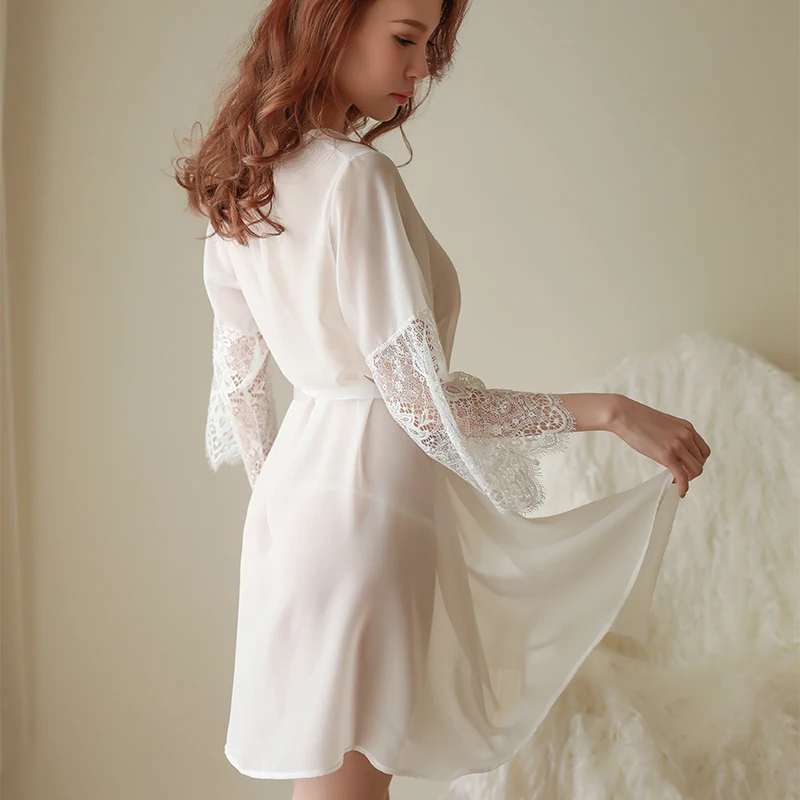 Yhotmeng 2019 new sexy mesh cardigan straps lace sleeve robe perspective home service robe suit with belt and T pants