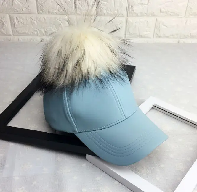 Autumn WInter 15cm Real Fur Pom poms Baseball Caps Artificial Leather Solid Snapbacks Hats Caps Casquette Gorros