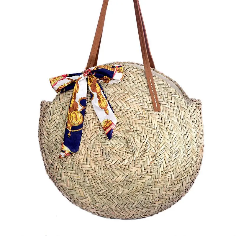 Handmade Rattan Woven Round Hand Knitting Handbag Fashion Straw Bag Rope Knitted Casual Shoulder Bag Summer Beach Tote Scarf