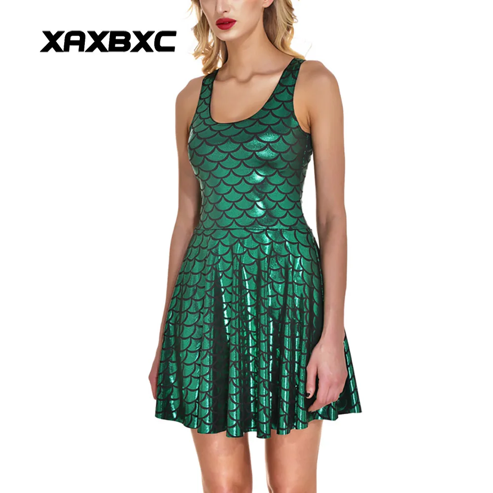 NEW 1006 Sexy Girl Women Summer Shiny dragon Fish scale Green 3D Prints Reversible Sleeveless Skater Pleated Dress