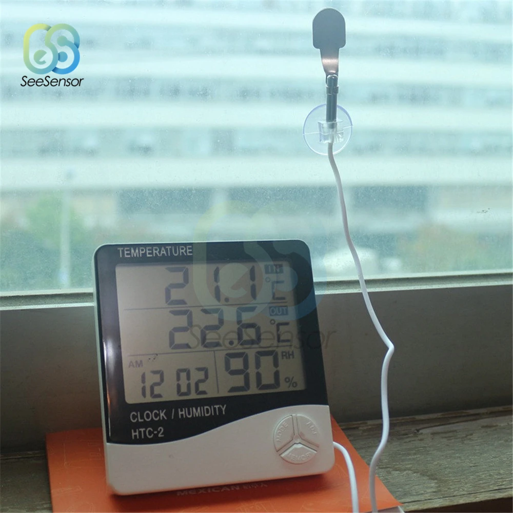 HTC-2 Digital LCD Thermometer Hygrometer Electronic Temperature Humidity Meter Weather Station Indoor Outdoor Clock