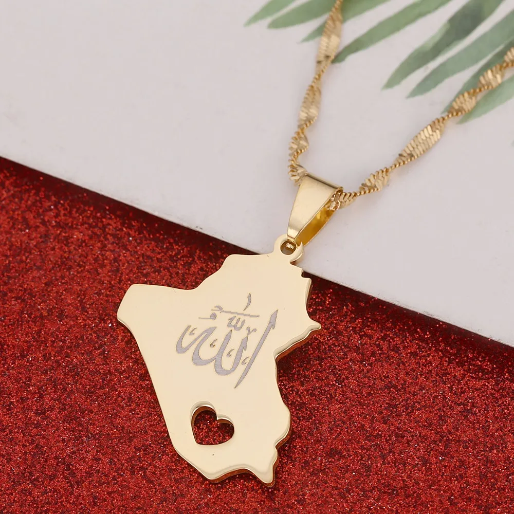 Republic Of Iraq Map Pendant Necklace Gold Color Allah Name Pendant Allah Heart Jewelry